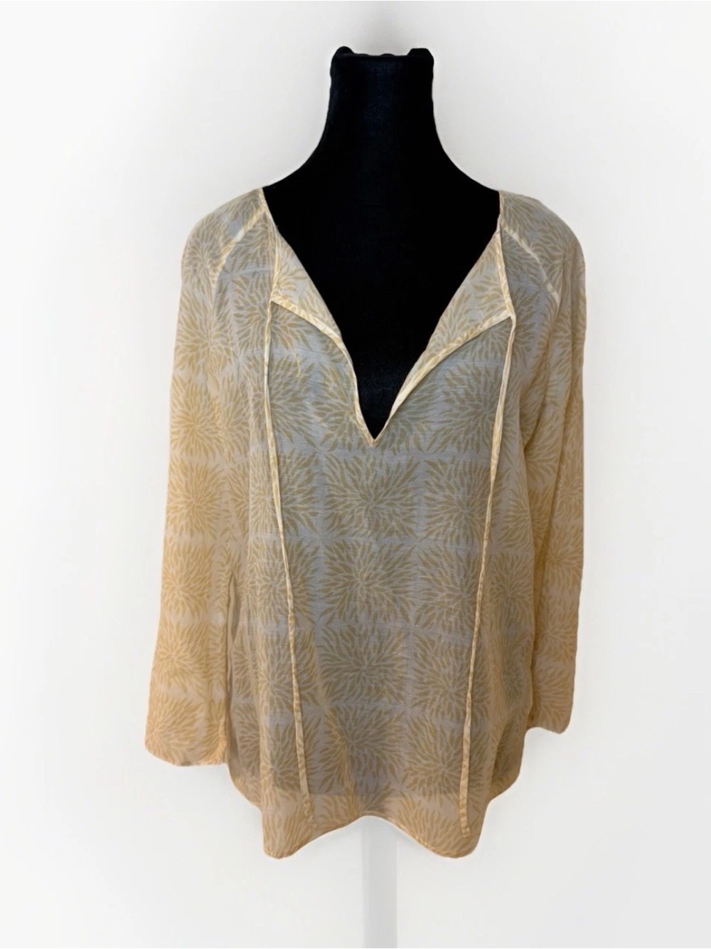 THEORY Womens Sheer Shirt Top Blouse Silk Cotton Long Sleeve M Yellow Tie Neck
